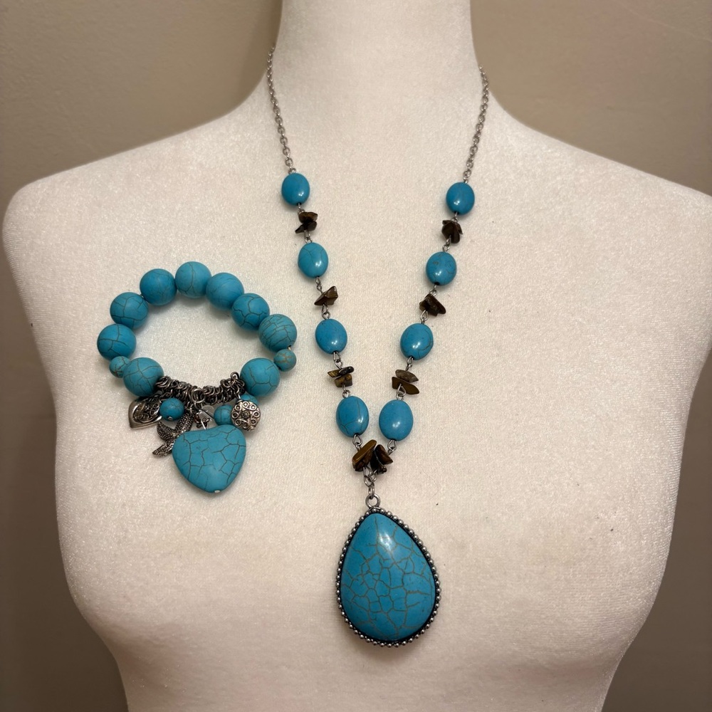 Boho Turquoise Necklace & Bracelet Set with Charms, Southwestern Artisan Jewelry